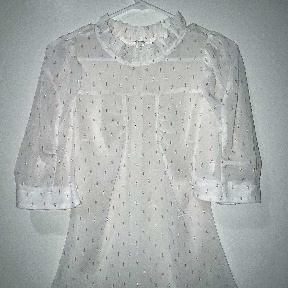 Lulumari Anthropologie Popover Silk White Blouse, Gold Silver Accents Small